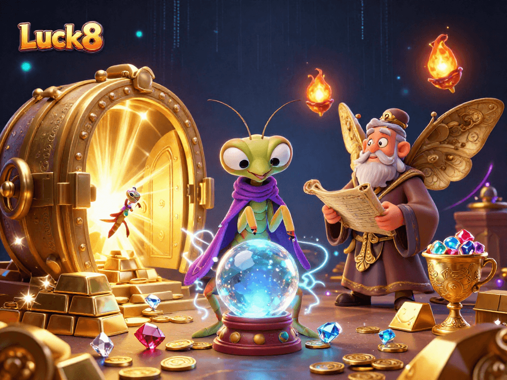 Experience Luck8’s vibrant gaming universe through a dynamic 3D illustration of fortune tellers and treasures.
