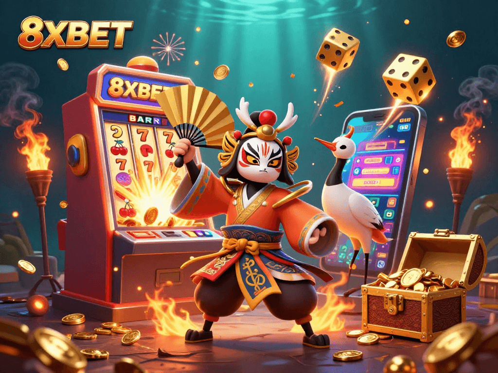 Experience thrilling wins at 8XBET with dynamic slot machines, golden prizes, and vibrant characters.
