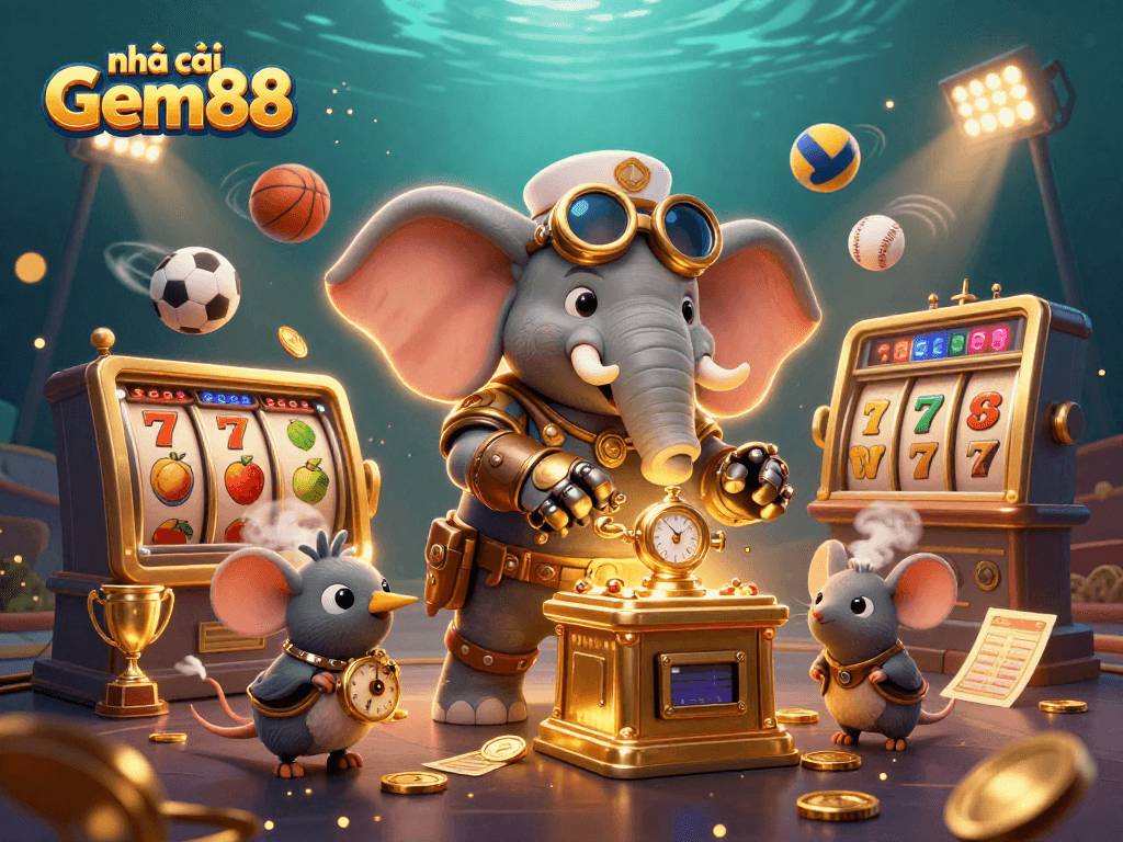 Engage in thrilling gameplay at nhà cái Gem88 with steampunk characters and dynamic slot machines in a vibrant casino scene.