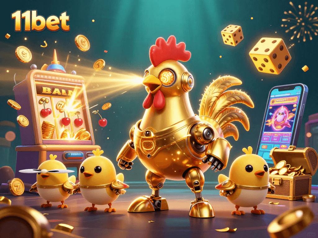 Experience thrilling 11bet gaming with a vivid illustration of a rooster robot and baby chick drones amidst dynamic casino elements.