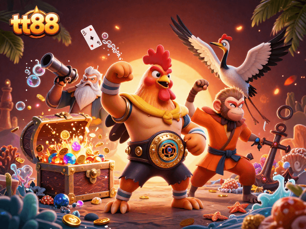 Experience vibrant action with tt88 in this colorful scene of a rooster, monkey, and crane amidst gaming treasures.