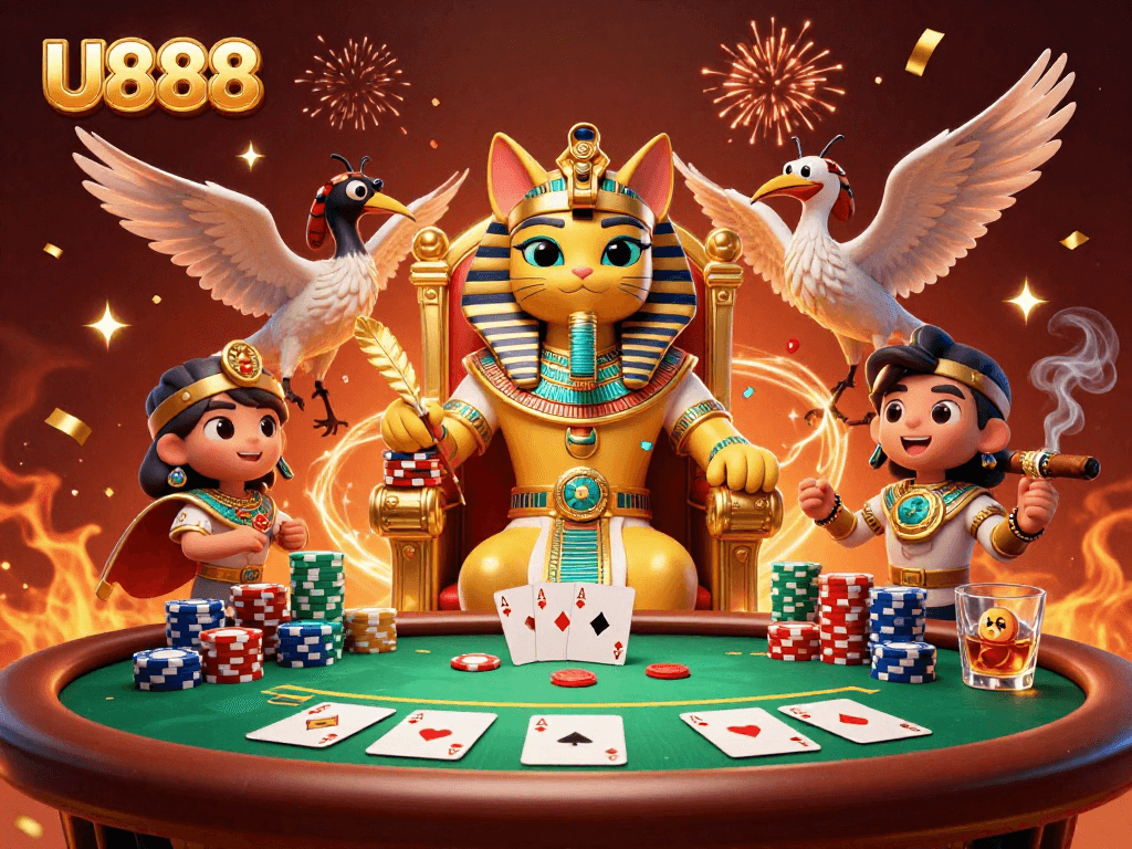 Watch the U888 pharaoh cat represent an epic poker showdown with lavish elements.