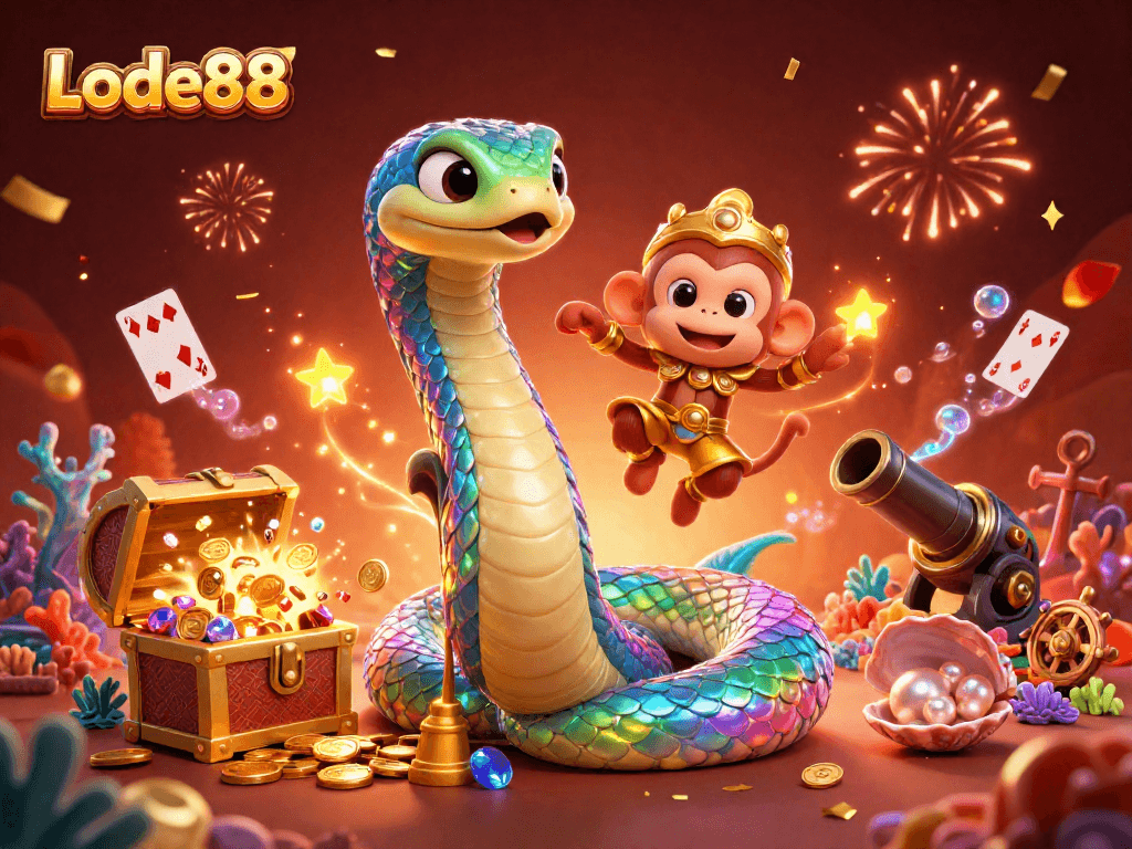 Experience Lode88’s thrilling atmosphere with a vibrant 3D illustration of a rainbow serpent and monkey king.