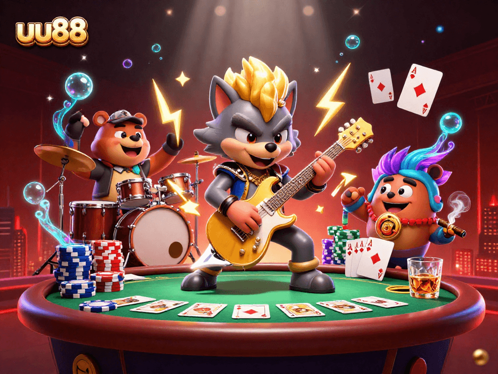 uu88 brings excitement to the stage with a rock star wolf and a lively drummer bear in a dynamic casino setting.