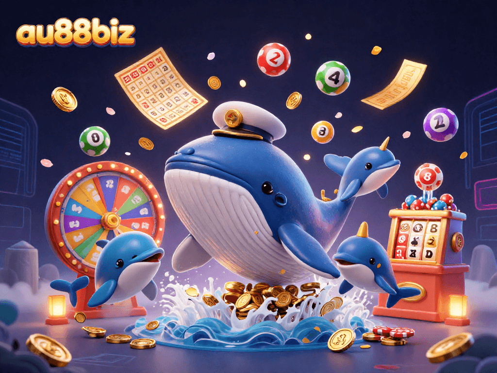Playful scene of au88biz featuring a whale, narwhal, and dolphins amidst casino elements like lottery balls and bingo cards.