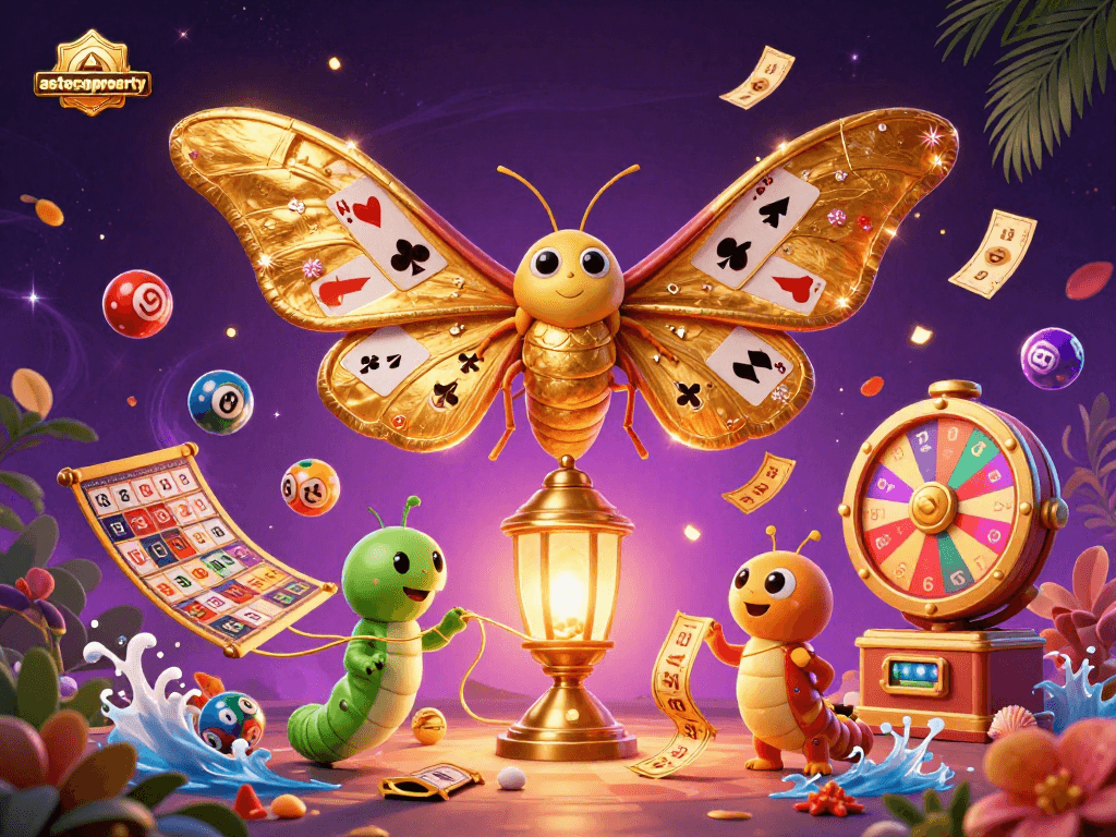 Experience the vibrant gaming world with astecoproperty, featuring a dynamic scene of golden theme illustrations.
