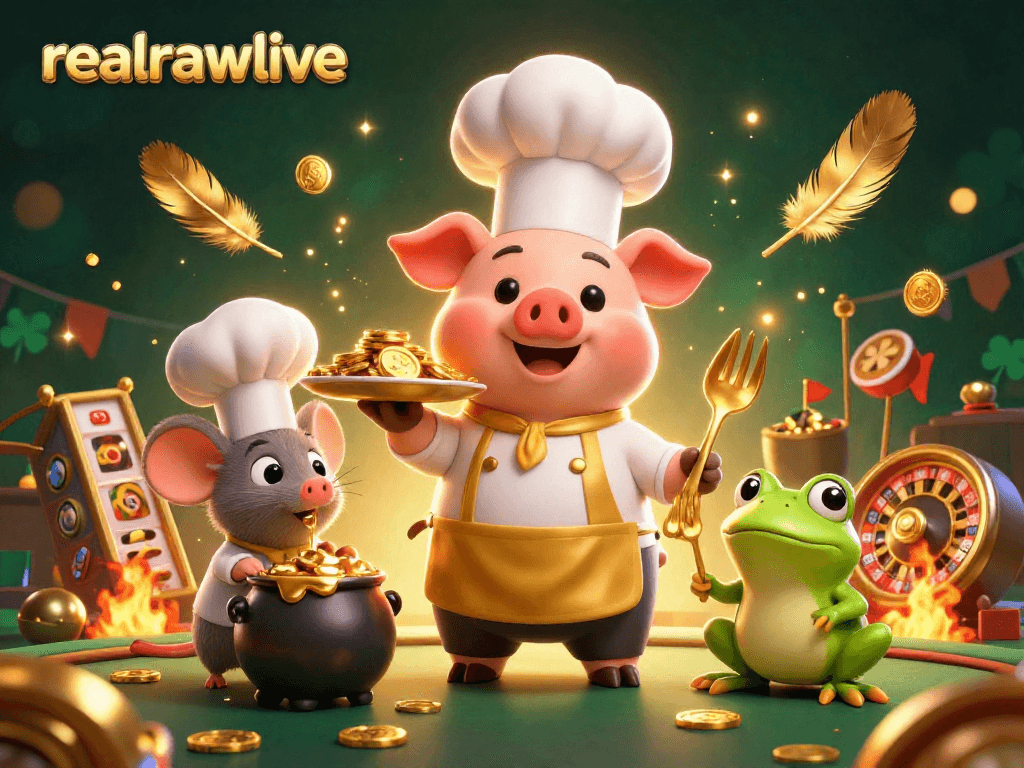 realrawlive showcases a lively casino scene with a chef pig and a tasting mouse amidst gold coins.