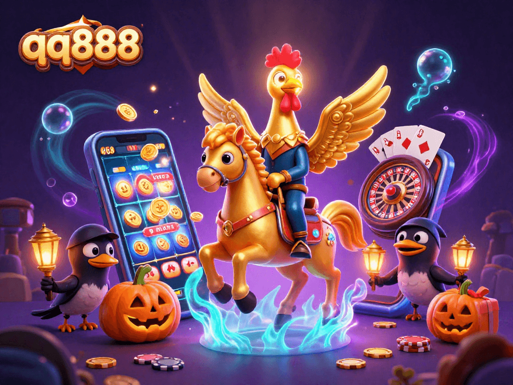 Engage with qq888's vibrant casino experience featuring a golden rooster and exciting gaming elements.