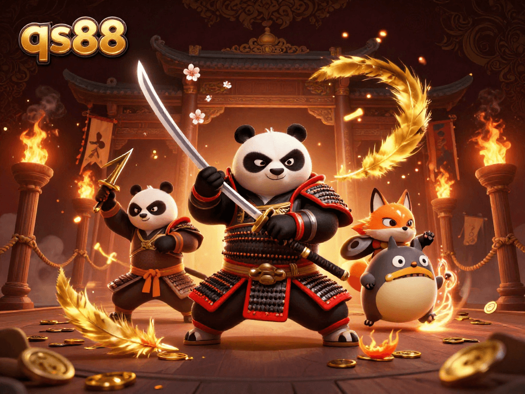 Experience the thrill of qs88 with a samurai panda and ninja fox in a dynamic casino scene.