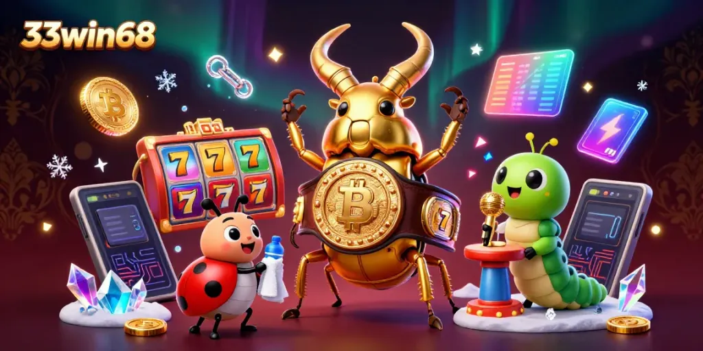 Engage with 33win68 in a vibrant 3D casino scene featuring a golden stag beetle champion and dynamic gaming elements.