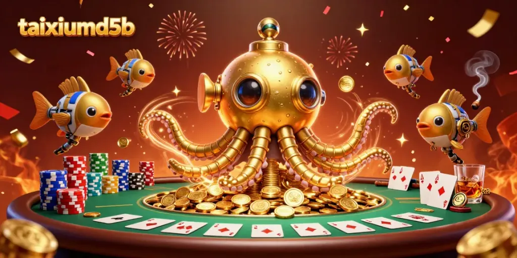 Experience the excitement of taixiumd5b with a golden kraken submarine amidst poker elements.