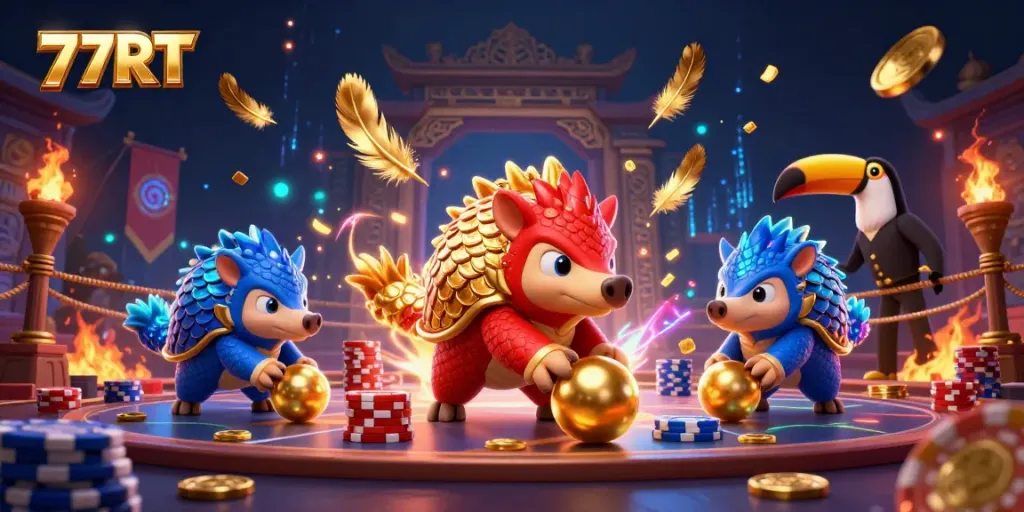 Rival pangolins compete in a vibrant casino setting with golden chips and a toucan referee in 77RT.