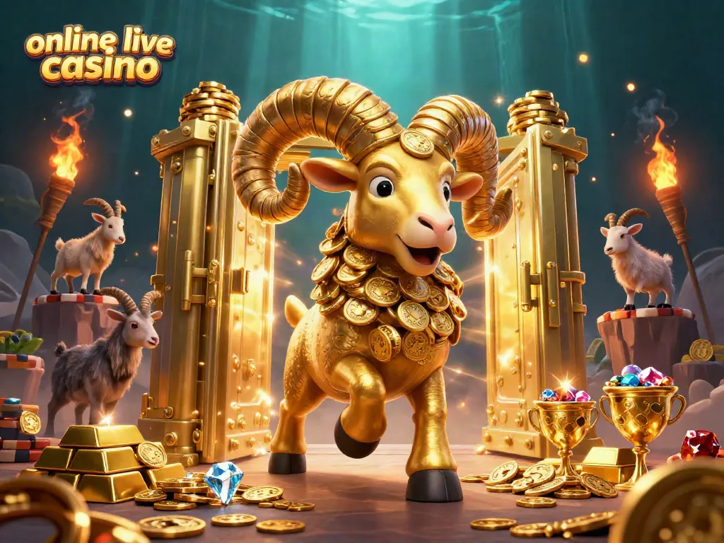 Experience the excitement of online live casino with vibrant visuals of a golden ram charging amidst gems and treasures.