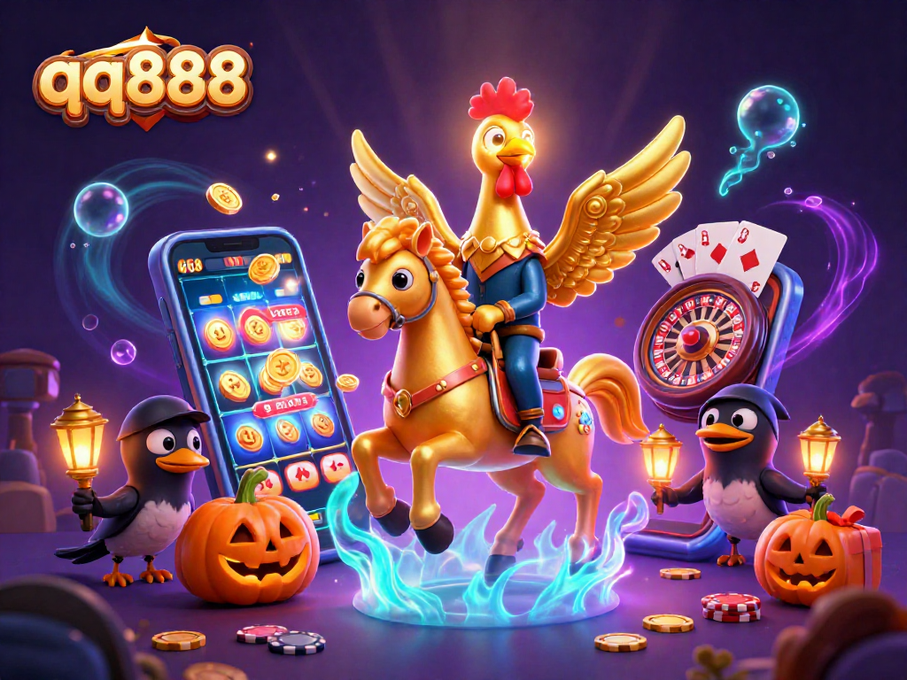 Engage with qq888's vibrant casino experience featuring a golden rooster and exciting gaming elements.