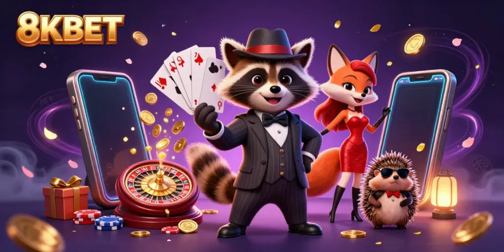 Experience dynamic gaming action at 8KBET with a charming raccoon and friends amid vibrant casino elements.