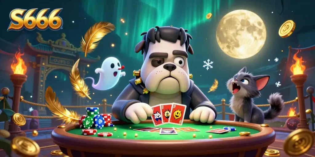 S666 enhances excitement at a casino table with a playful Frankenstein bulldog dealing cards, paired with festive elements.