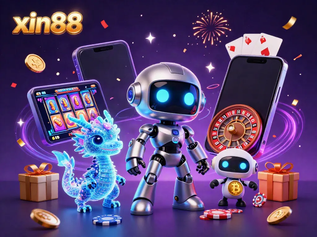 Engage with xin88 through an exciting 3D casino world featuring a robot mascot, AI dragon, and bitcoin drone.