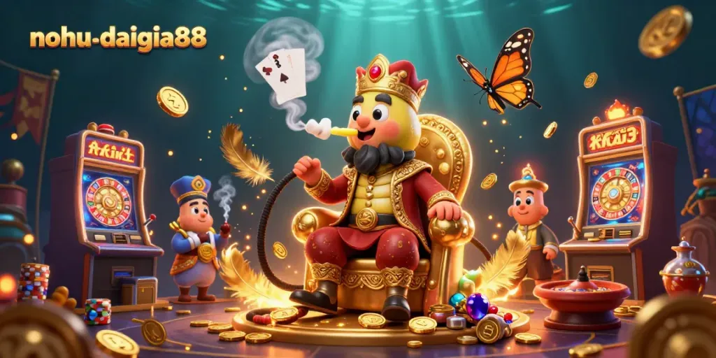 Win big with nohu-daigia88 as a cartoon caterpillar master presiding over a vibrant casino scene.