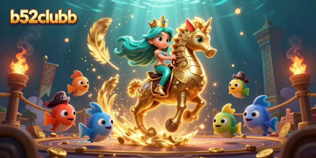 B52clubb's vibrant underwater casino scene featuring a mermaid princess riding a seahorse with gold coins and game elements.