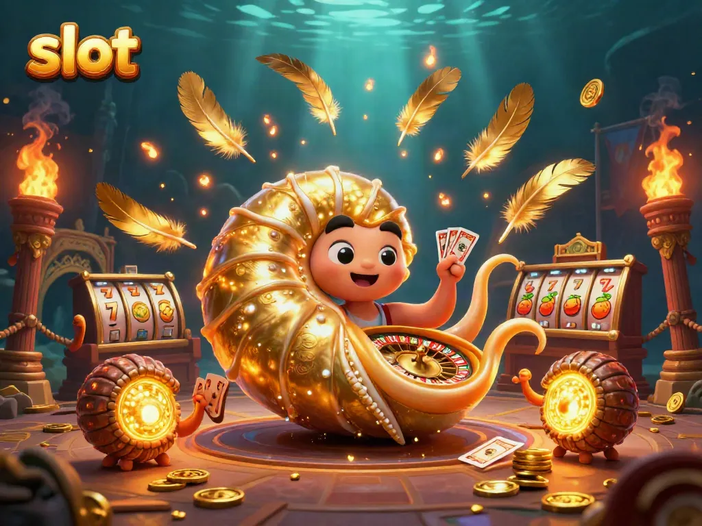 Spin slot reels with giant nautilus and glowing ammonites in an ancient casino arena.