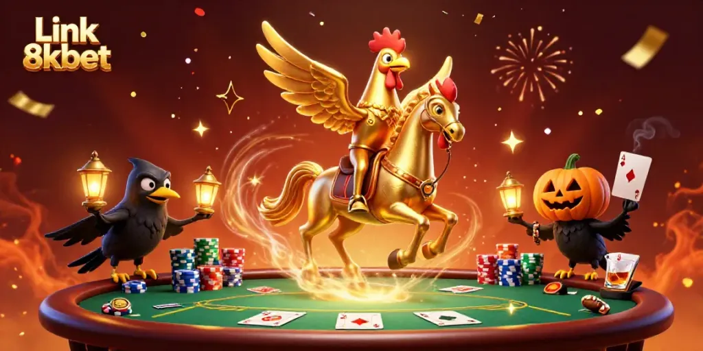 Experience the excitement of Link 8kbet with vibrant casino action and festive characters.