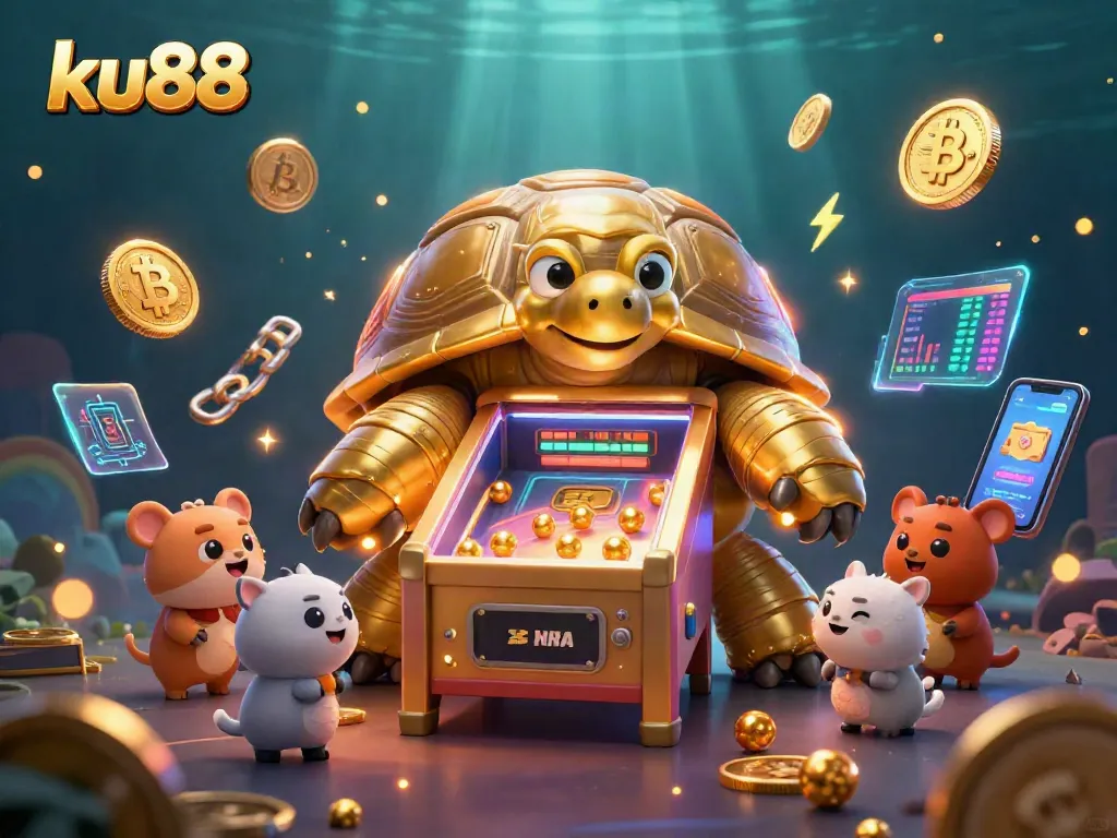 Engage with ku88's vibrant 3D casino scene featuring a colossal golden tortoise as a pinball machine.