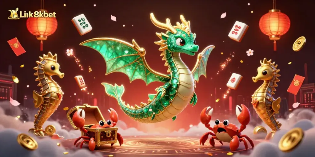 Experience vibrant gaming with Link 8kbet, featuring a majestic sea dragon and dazzling casino elements.