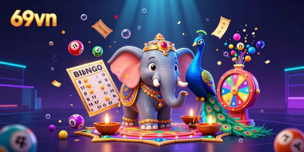 Engage with the vibrant 69vn elephant casino scene filled with lottery activities and glowing decorations.