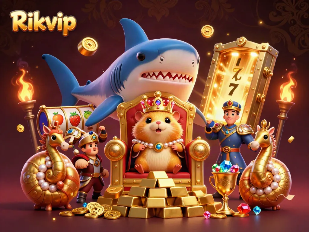 Experience Rikvip's exciting slot games with the golden hamster king ruling over a treasure-filled realm.