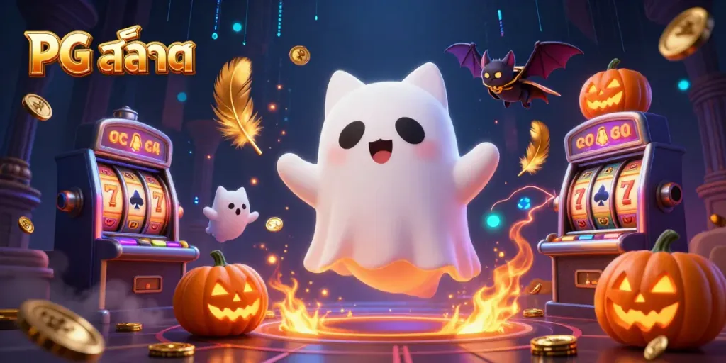 Engage with PG สล็อต through a vibrant haunted casino scene featuring a ghost cat and vampire bat.