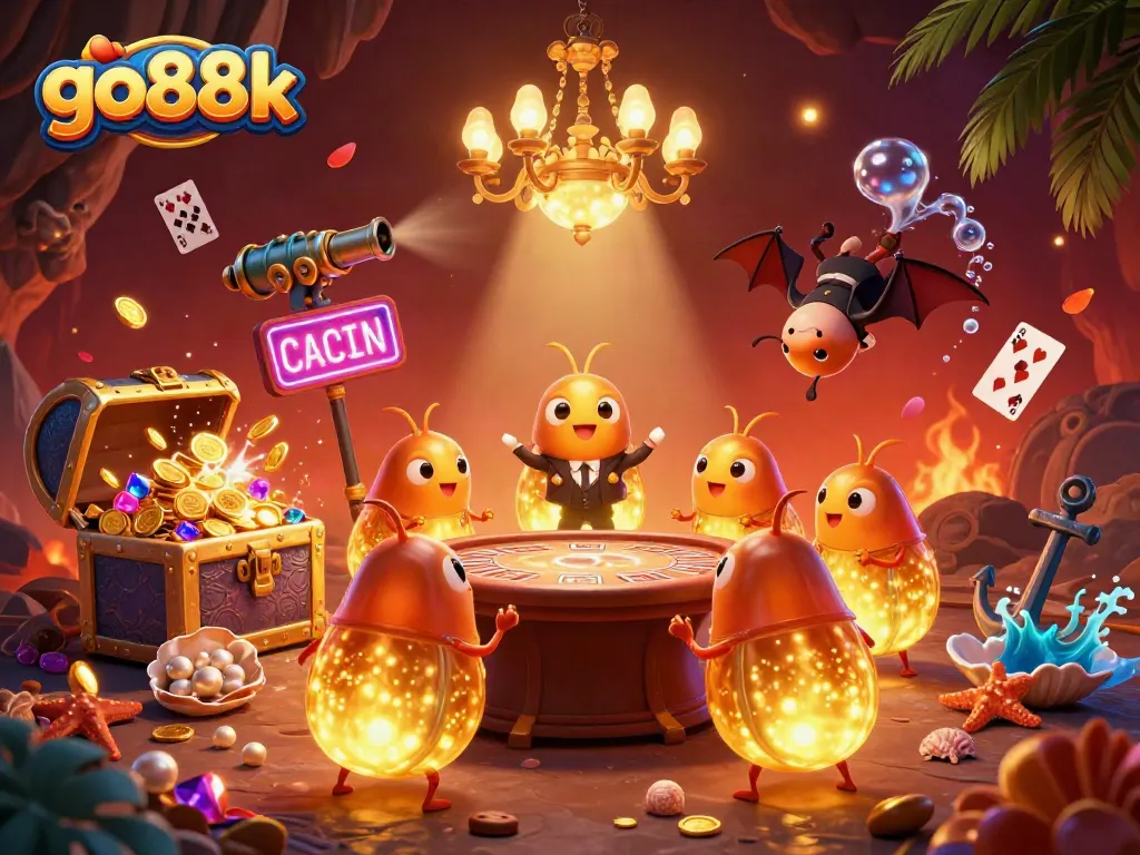 Spin the reels and win with go88k in this vibrant casino scene illuminated by glowing glowworms.