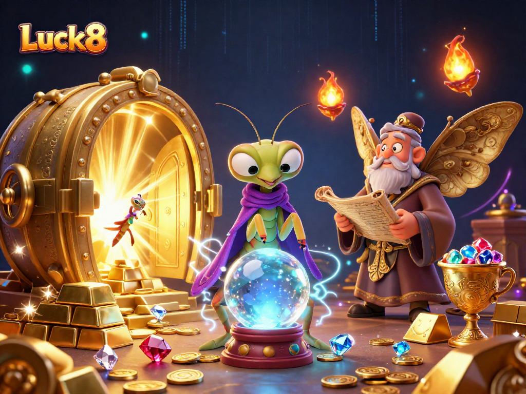 Experience Luck8’s vibrant gaming universe through a dynamic 3D illustration of fortune tellers and treasures.
