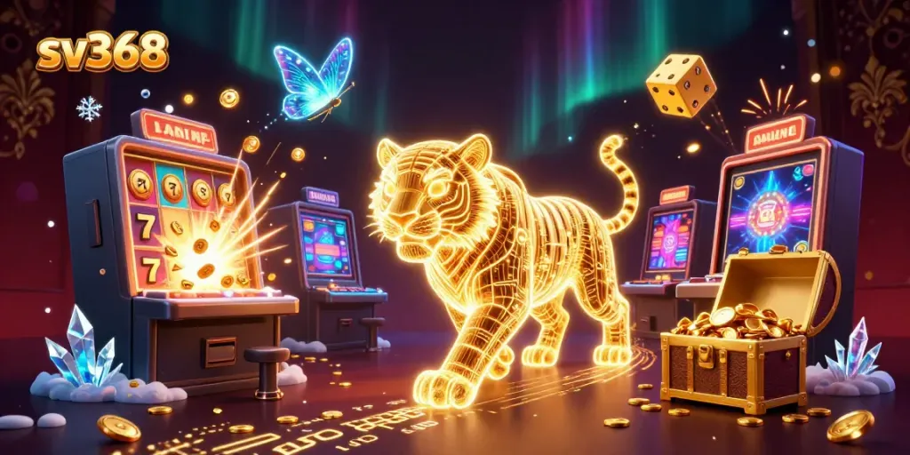 Spin to win with sv368's vibrant casino adventure featuring a golden tiger and colorful games.