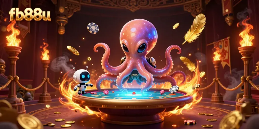 Experience thrilling gameplay at fb88u with an alien octopus managing a poker game.
