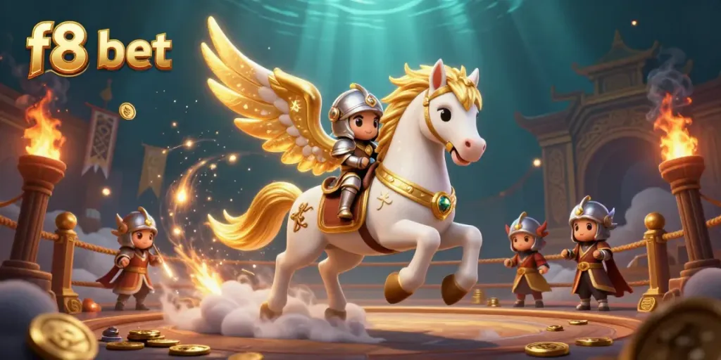 Experience thrilling action with f8 bet's celestial knight and golden horse in an exciting casino scene.