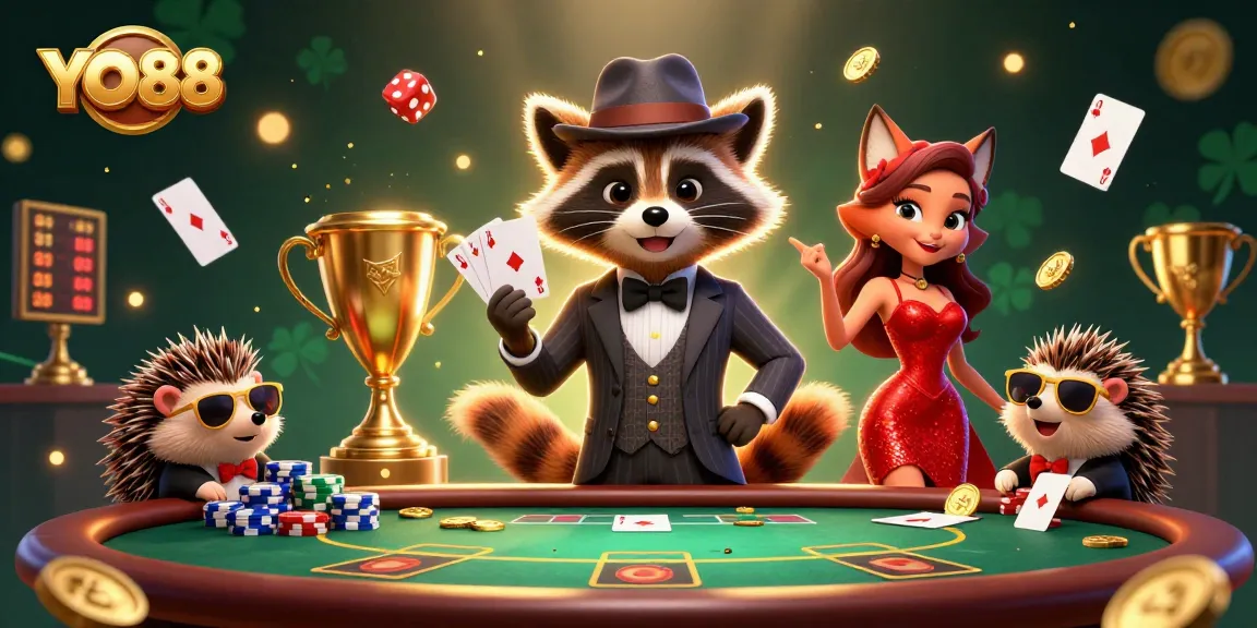 Engage with YO88 gameplay featuring vibrant raccoon and fox characters amid dynamic poker elements.