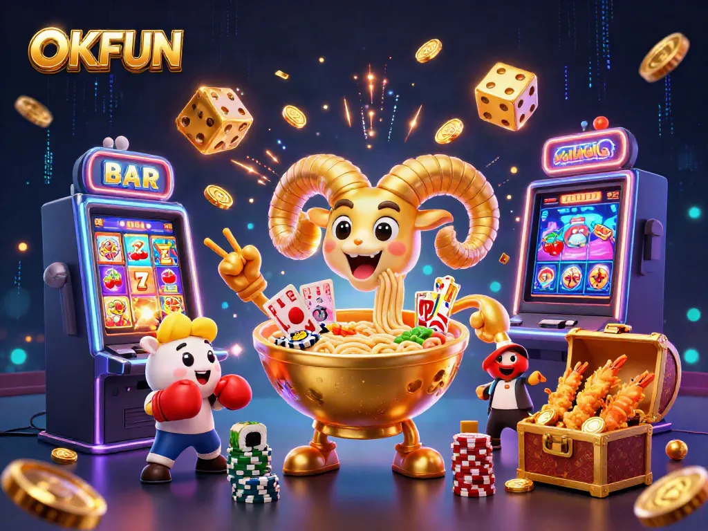 Experience excitement at OKFUN with a vibrant illustration of a cartoon casino scene featuring quirky characters and game elements.