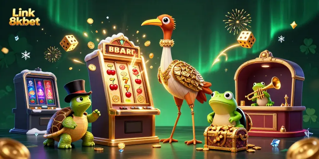 Engage with Link 8kbet through vibrant casino adventures featuring a lively 3D illustration.