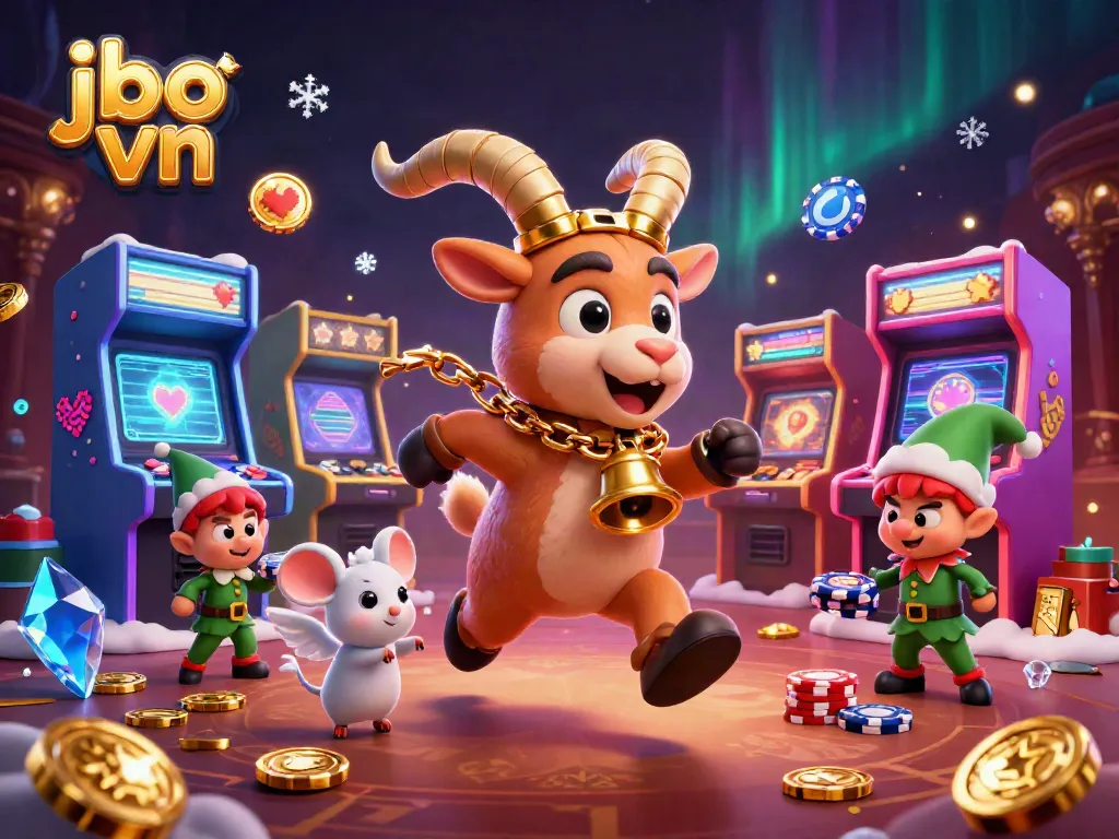 Play exciting games at jbo vn casino with a lively holiday theme illustrated in a vibrant 3D gaming scene.