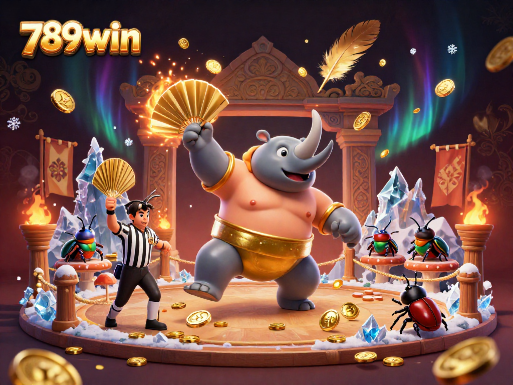 Experience excitement at 789win as a sumo beetle stomps for golden winnings amidst thrilling casino elements.