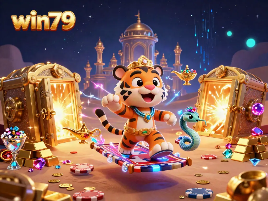 Experience win79 excitement with a vibrant Arabian Nights-themed casino scene featuring rich treasures and gaming elements.