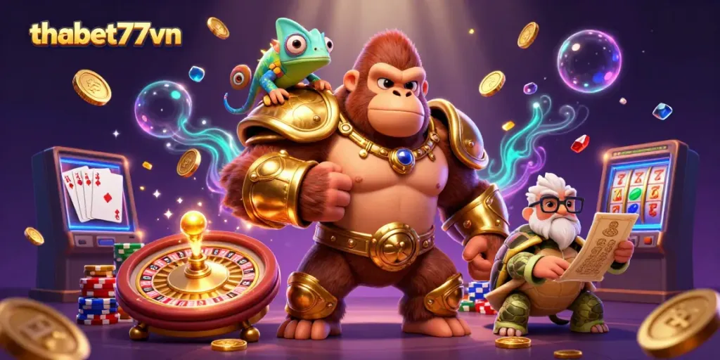Spin to win at thabet777vn with a vibrant casino adventure featuring playful characters and rich treasures.