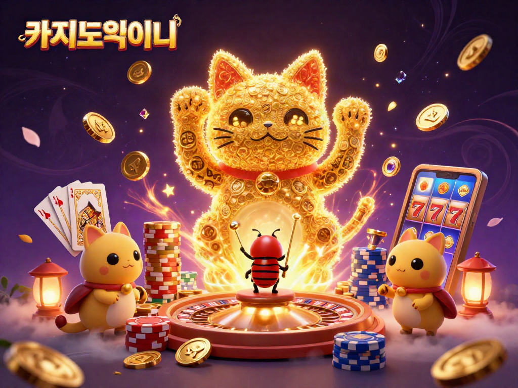 카지노사이트에서 행운의 고양이 형상을 하는 캐릭터들이 다채로운 카지노 요소와 함께 펼쳐지는 장면