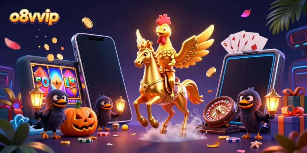 Play thrilling games at o8vvip with a vibrant casino scene featuring golden rooster characters and exciting slot action.