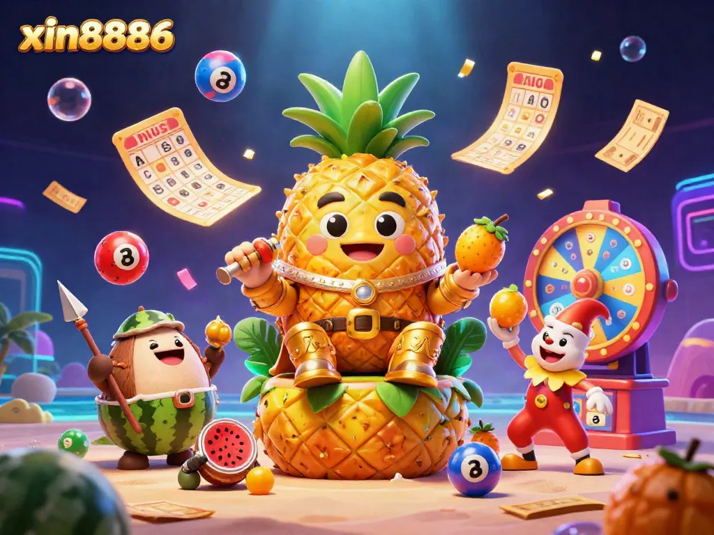 Engage with the vibrant world of xin8886, featuring a golden pineapple king in a dynamic beach casino scene filled with games and excitement.