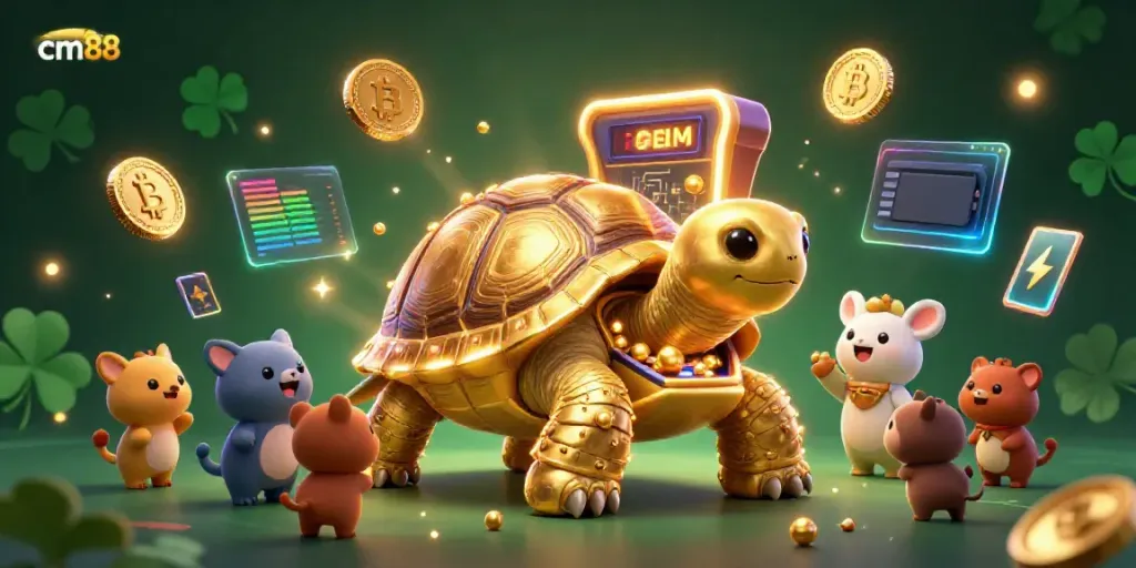 Experience the excitement of cm88 with a vibrant 3D illustration of a golden tortoise pinball game surrounded by animated casino elements.