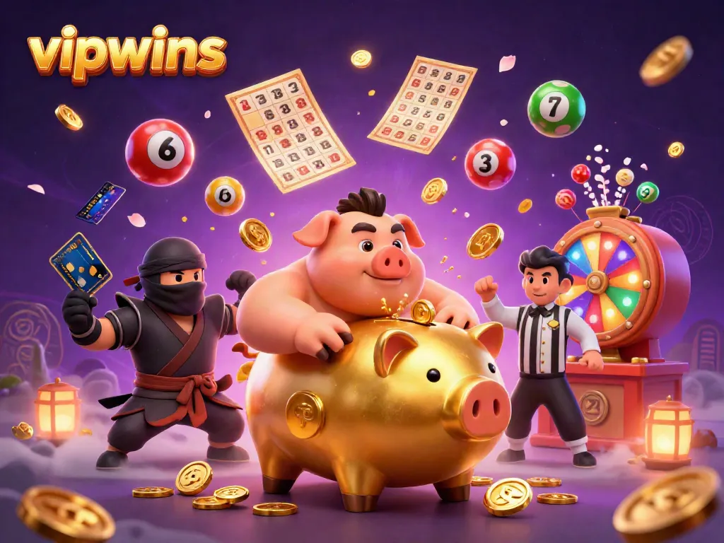 Experience thrilling moments at vipwins with a golden piggy bank sumo wrestler leading the fun!