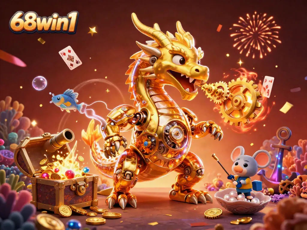 Join the excitement with 68win1's golden dragon and treasure-filled sea in this vibrant casino scene.