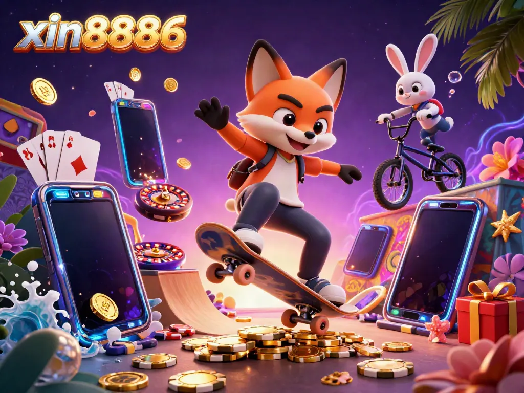 Experience the thrill of gambling with xin8886 in this vibrant 3D scene featuring a fox and rabbit.