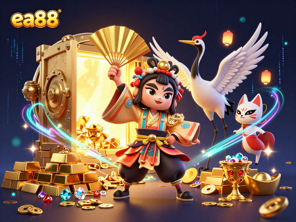 ea88 offers thrilling gambling action with kabuki warrior, treasure, and vibrant casino elements.